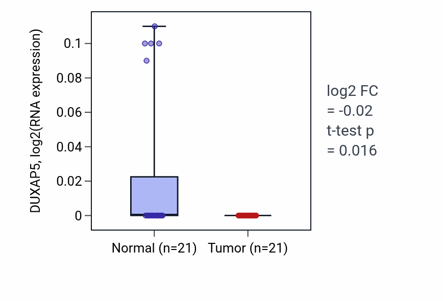 Tumor-vs-normal expression box plot for DUXAP5 in HNSC.