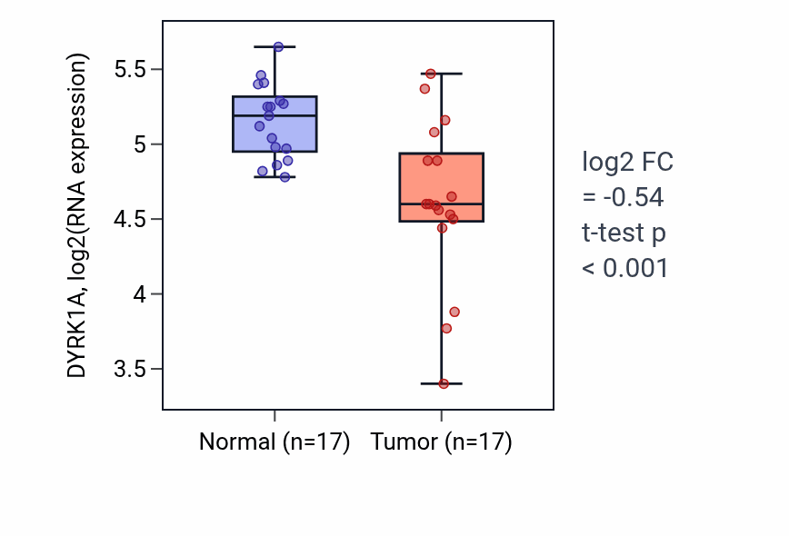 Tumor-vs-normal expression box plot for DYRK1A RNA in THCA.