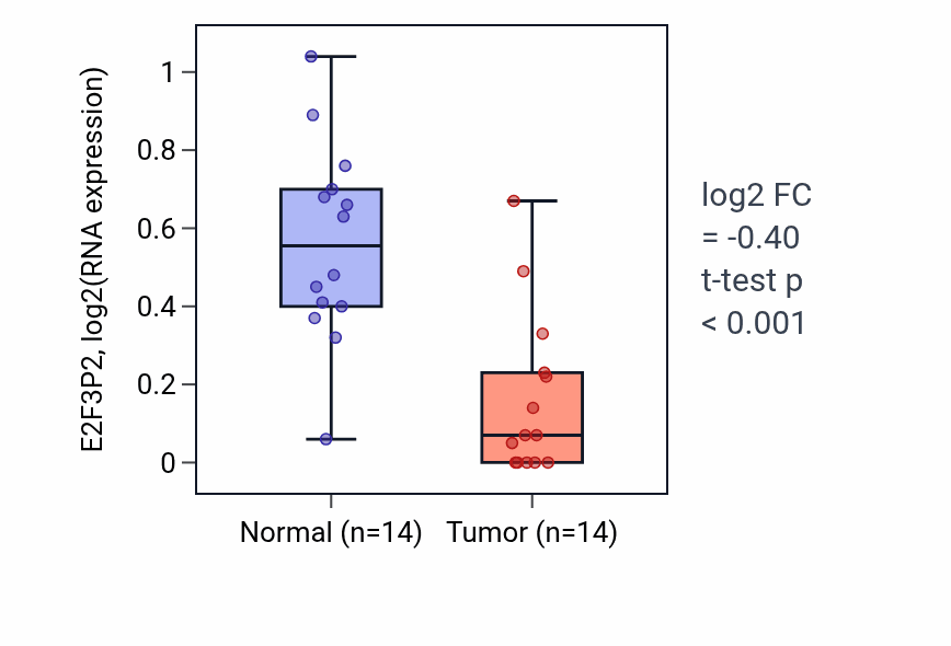 Tumor-vs-normal expression box plot for E2F3P2 in THCA.