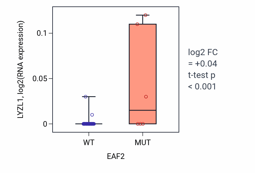 Box plot of LYZL1 in EAF2-low vs EAF2-high samples in OVARY.