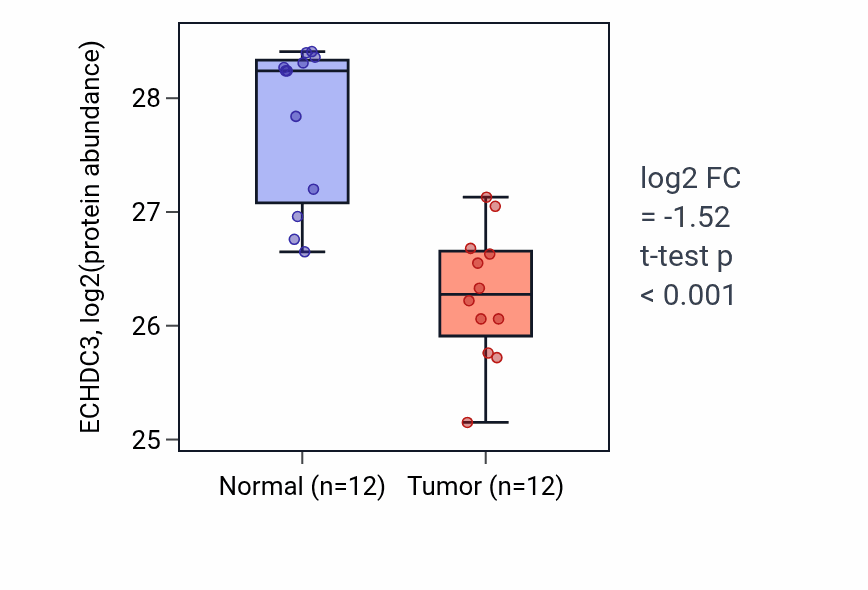 Tumor-vs-normal mass-spec protein box plot for ECHDC3 in CCRCC.