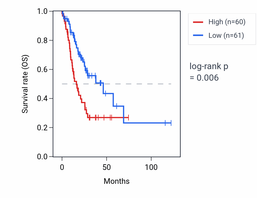 Kaplan&ndash;Meier survival curve for EEF1GP3 RNA expression in STAD: high vs low expression groups.