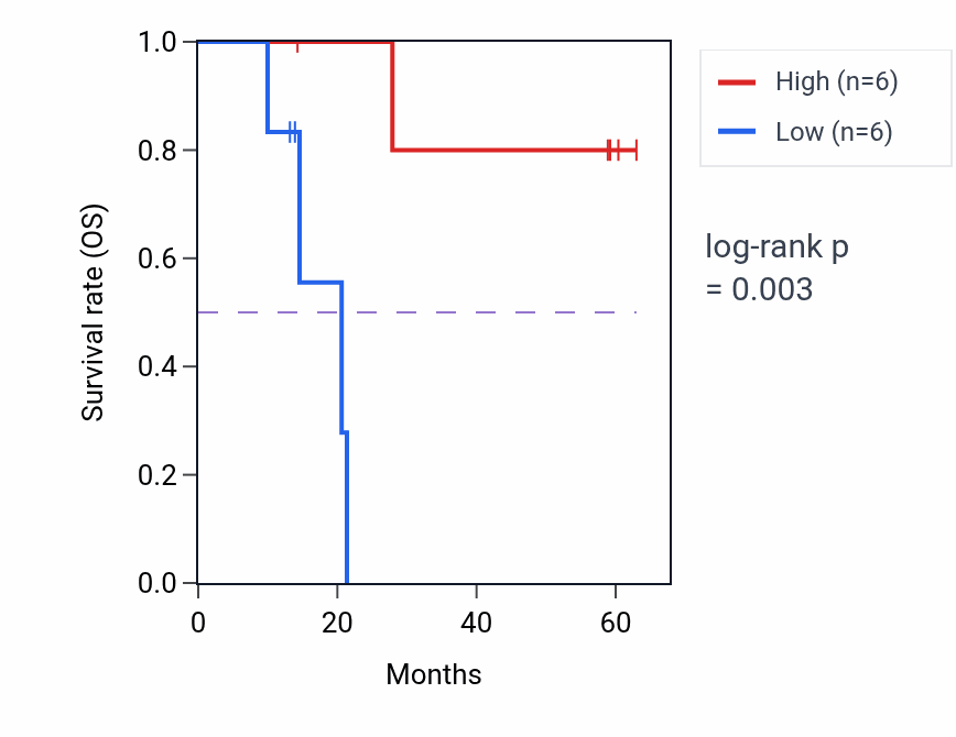 Kaplan&ndash;Meier survival curve for EFS mass-spec protein-high vs -low samples in LUAD.