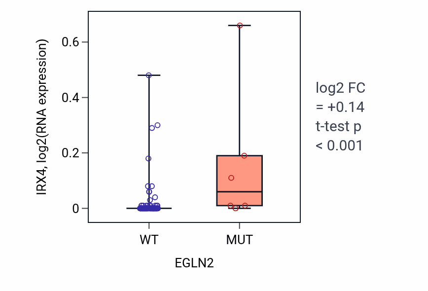 Box plot of IRX4 in EGLN2-low vs EGLN2-high samples in BLOOD_Leukemia.