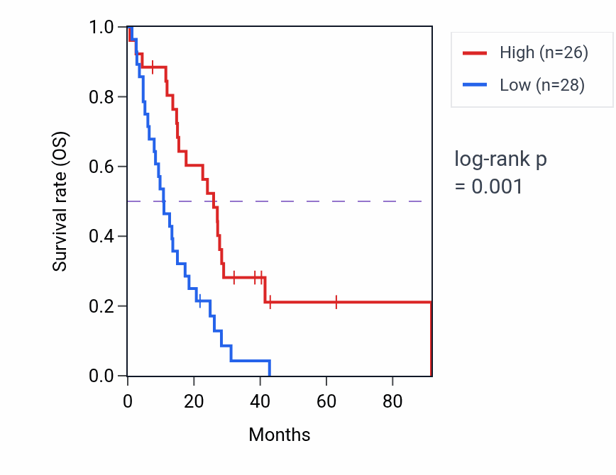 Kaplan&ndash;Meier survival curve for EIF2AK3-DT RNA expression in MESO: high vs low expression groups.