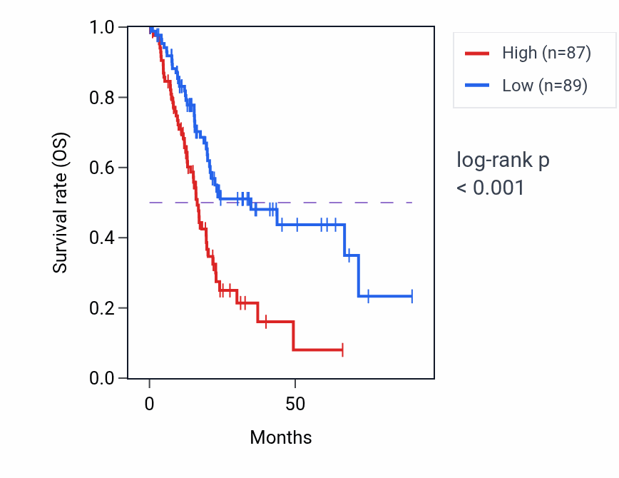 Kaplan&ndash;Meier survival curve for EIF2S2P4 RNA-high vs -low samples in PAAD.