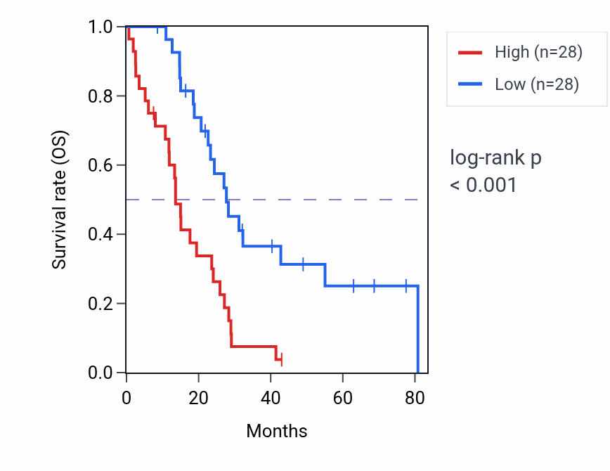 Kaplan&ndash;Meier survival curve for EIF3B RNA expression in MESO: high vs low expression groups.