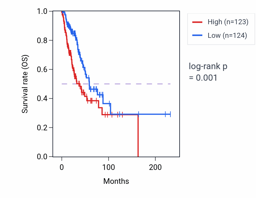 Kaplan&ndash;Meier survival curve for EIF4A1P2 RNA expression in LUAD: high vs low expression groups.