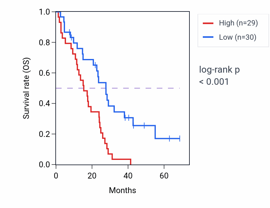 Kaplan&ndash;Meier survival curve for EIF5B RNA expression in MESO: high vs low expression groups.