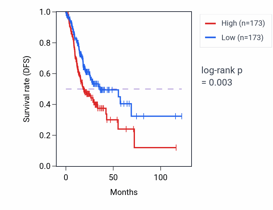 Kaplan&ndash;Meier survival curve for ELAPOR2 RNA expression in STAD: high vs low expression groups.