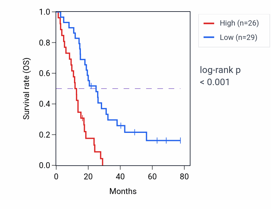 Kaplan&ndash;Meier survival curve for ELAVL1 RNA-high vs -low samples in MESO.