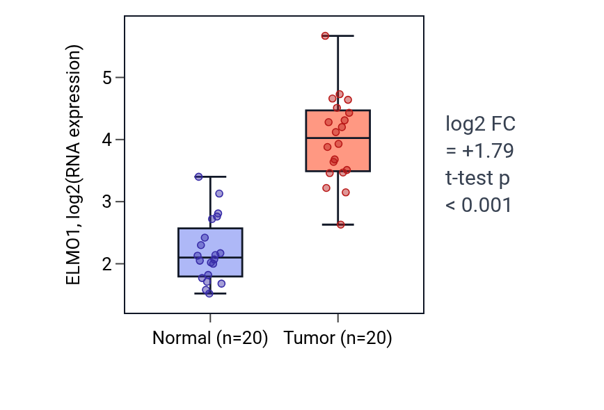 Tumor-vs-normal expression box plot for ELMO1 in KIRC.