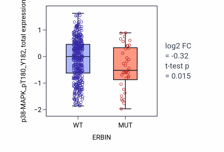 Box plot of p38-MAPK_pT180_Y182 in ERBIN-low vs ERBIN-high samples in UCEC.