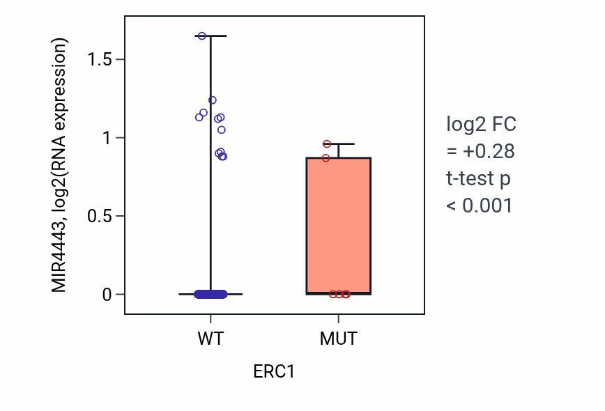 Box plot of MIR4443 in ERC1-low vs ERC1-high samples in HNSC.