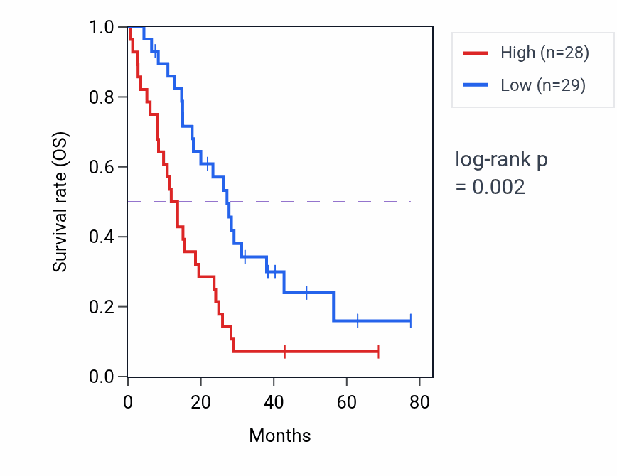 Kaplan&ndash;Meier survival curve for ERCC2 RNA expression in MESO: high vs low expression groups.