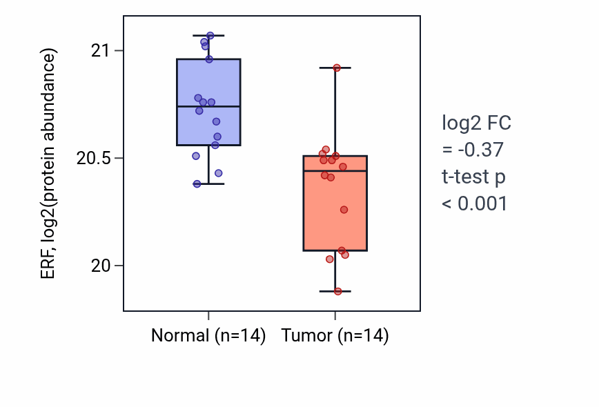 Tumor-vs-normal mass-spec protein box plot for ERF in LUAD.