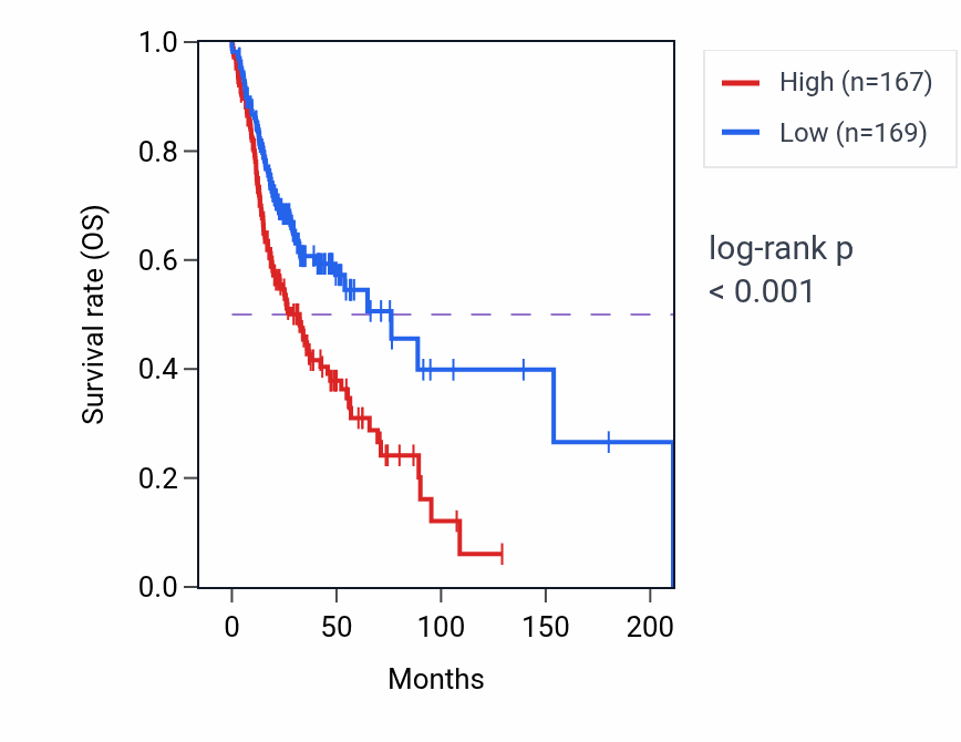 Kaplan&ndash;Meier survival curve for ERG28 RNA expression in HNSC: high vs low expression groups.