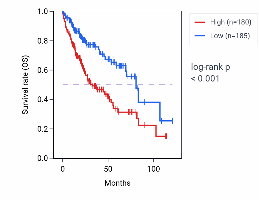 Kaplan&ndash;Meier survival curve for ERGIC3 RNA expression in LIHC: high vs low expression groups.