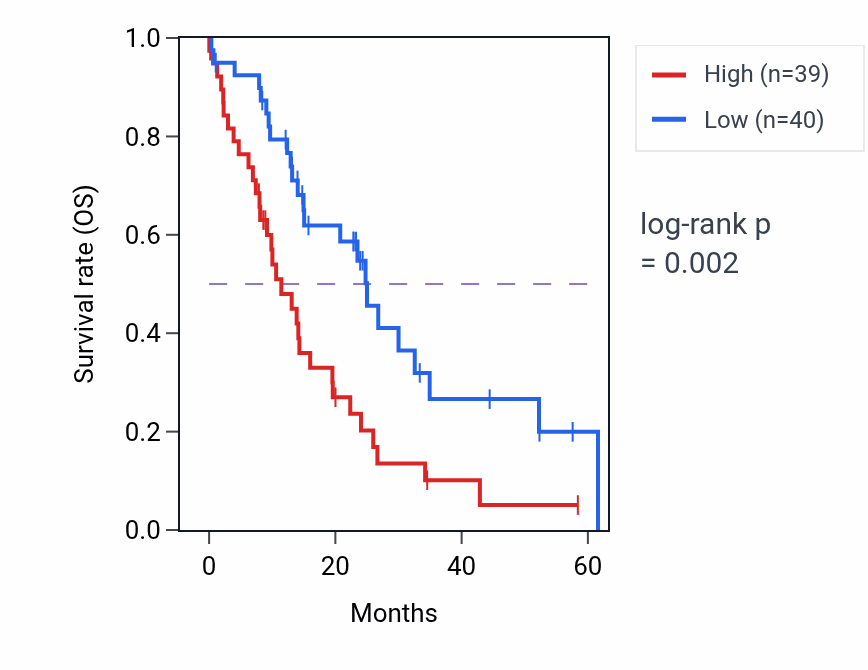 Kaplan&ndash;Meier survival curve for ERRFI1 mass-spec protein-high vs -low samples in PDAC.