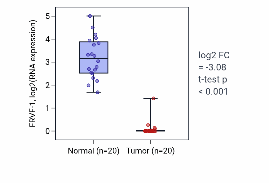 Tumor-vs-normal expression box plot for ERVE-1 RNA in KIRC.
