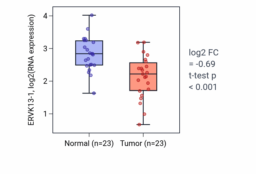 Tumor-vs-normal expression box plot for ERVK13-1 in THCA.