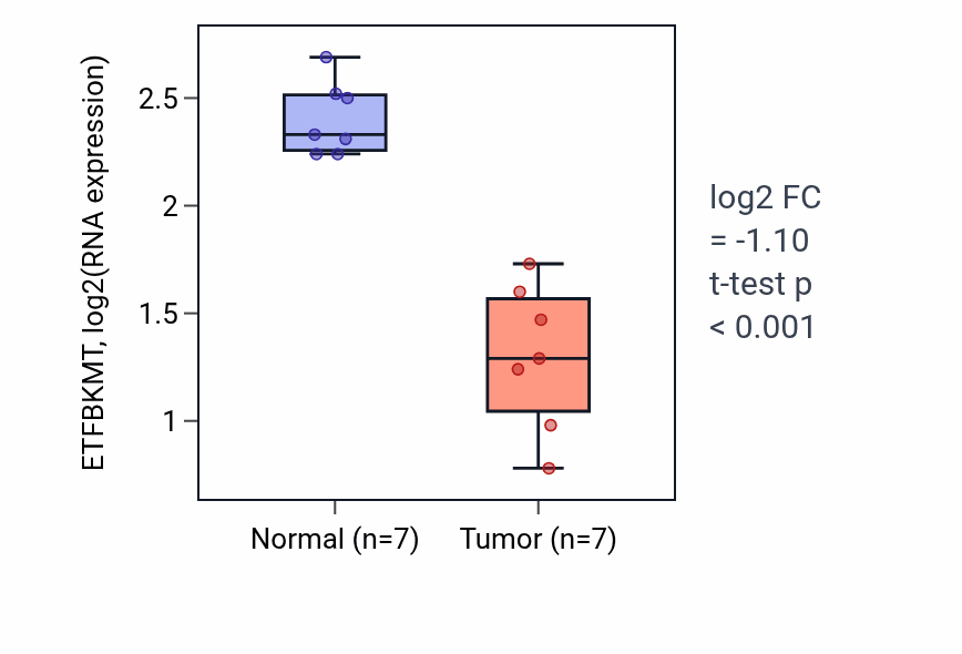 Tumor-vs-normal expression box plot for ETFBKMT in THCA.