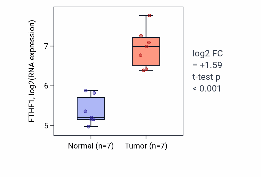 Tumor-vs-normal expression box plot for ETHE1 in THCA.