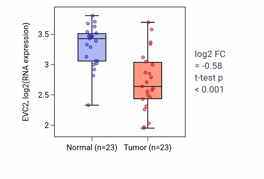 Tumor-vs-normal expression box plot for EVC2 in THCA.