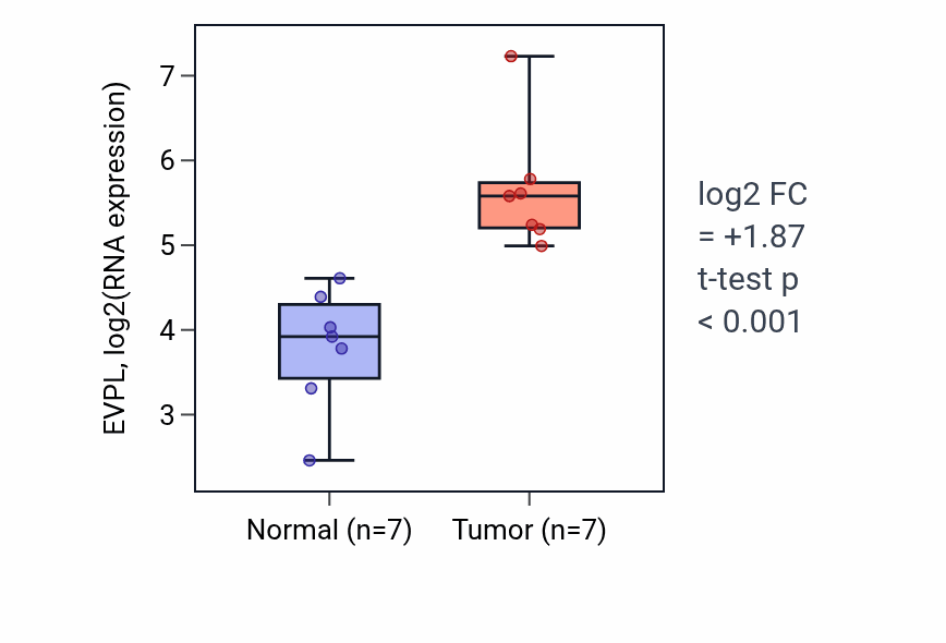 Tumor-vs-normal expression box plot for EVPL in COAD.
