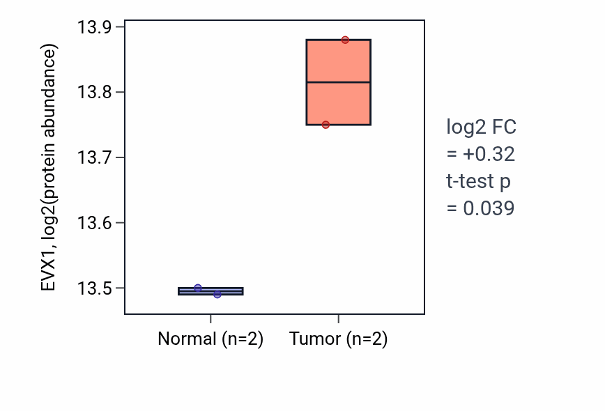 Tumor-vs-normal mass-spec protein box plot for EVX1 in CCRCC.