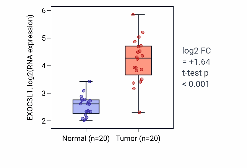 Tumor-vs-normal expression box plot for EXOC3L1 RNA in KIRC.