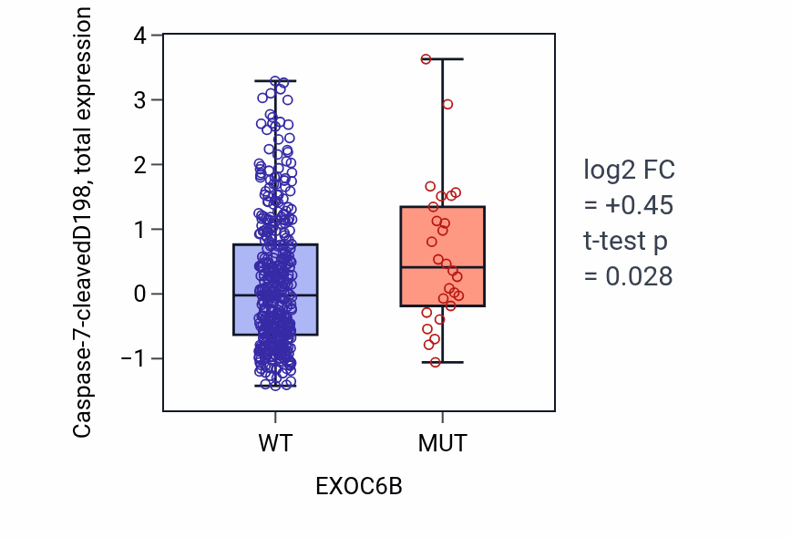 Box plot of Caspase-7-cleavedD198 in EXOC6B-low vs EXOC6B-high samples in UCEC.