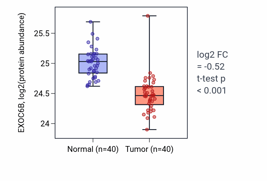 Tumor-vs-normal mass-spec protein box plot for EXOC6B in COAD.