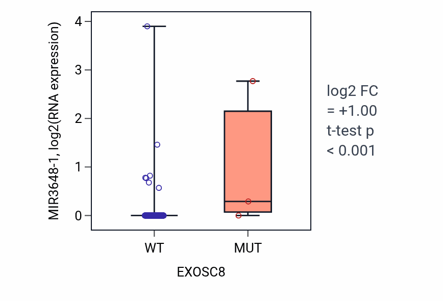 Box plot of MIR3648-1 in EXOSC8-low vs EXOSC8-high samples in COAD.