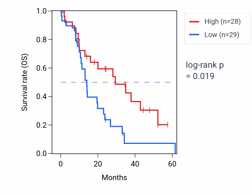 Kaplan&ndash;Meier survival curve for FAHD1 mass-spec protein-high vs -low samples in PDAC.