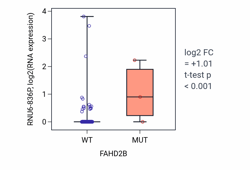 Box plot of RNU6-836P in FAHD2B-low vs FAHD2B-high samples in LUAD.