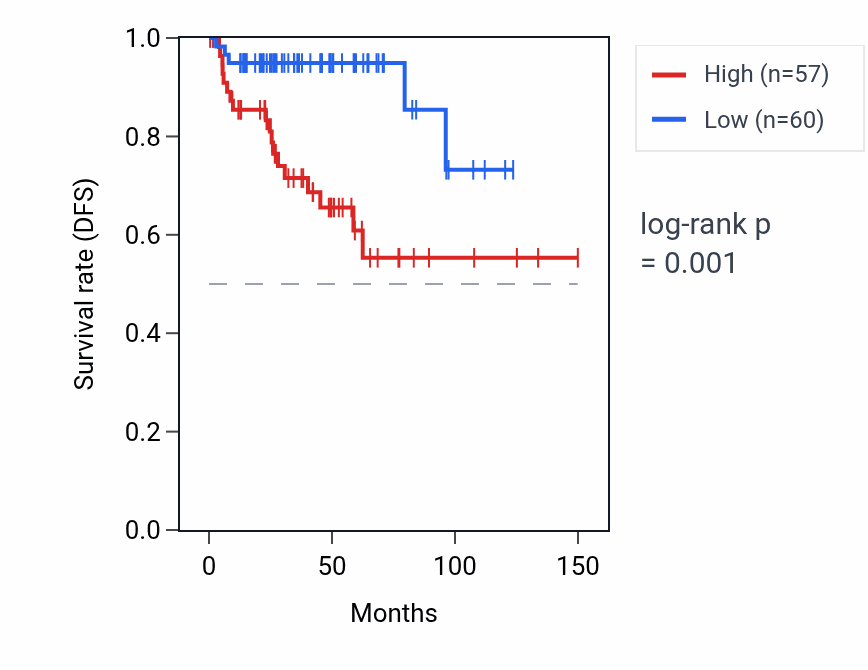 Kaplan&ndash;Meier survival curve for FAM167A-AS1 RNA expression in THYM: high vs low expression groups.