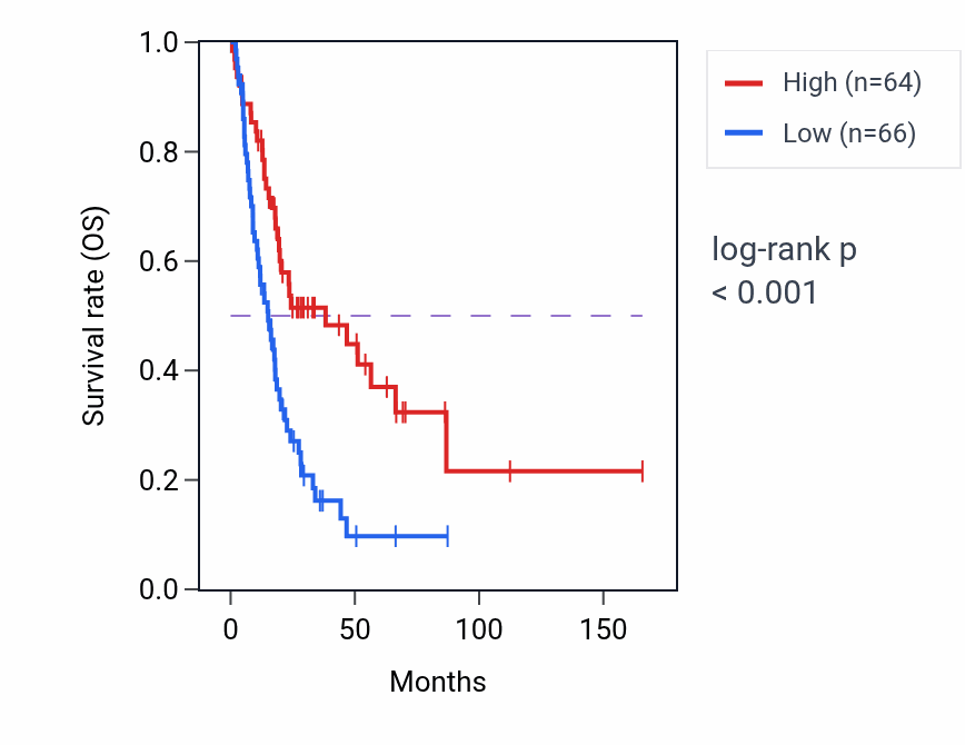 Kaplan&ndash;Meier survival curve for FAM170A RNA expression in BLCA: high vs low expression groups.