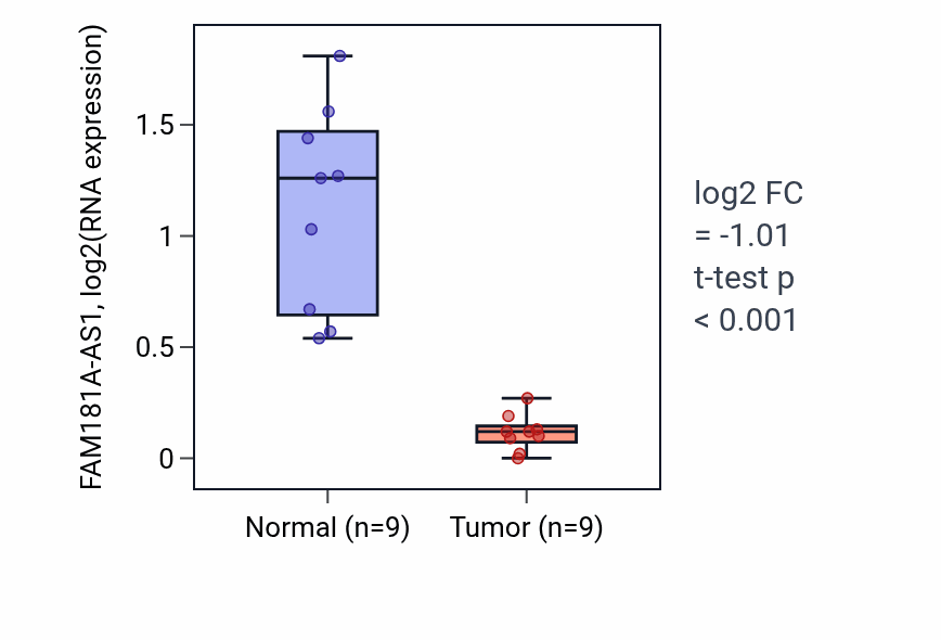 Tumor-vs-normal expression box plot for FAM181A-AS1 in THCA.