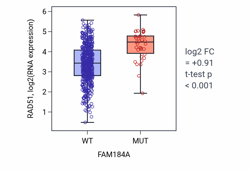 Box plot of RAD51 in FAM184A-low vs FAM184A-high samples in UCEC.