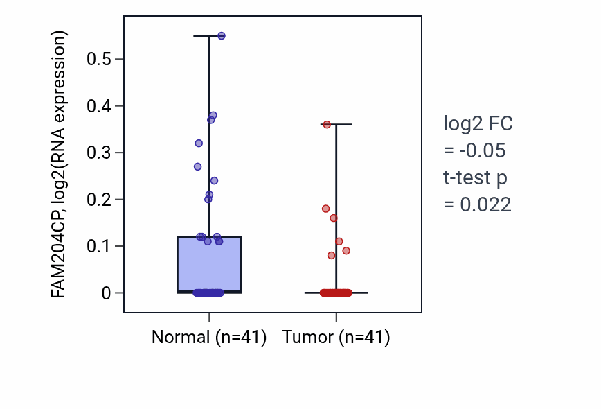 Tumor-vs-normal expression box plot for FAM204CP in THCA.