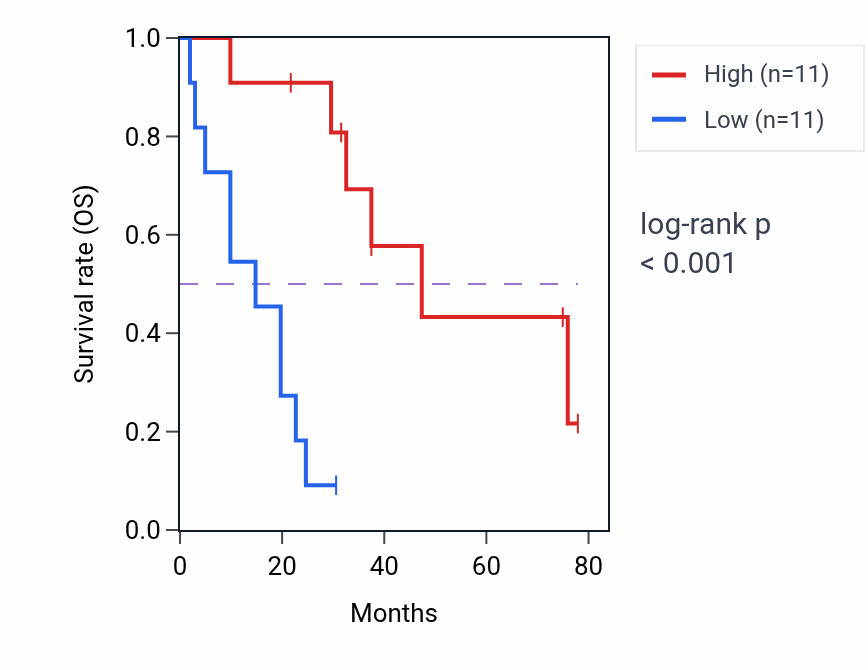 Kaplan&ndash;Meier survival curve for FAM222A RNA expression in SCLC: high vs low expression groups.