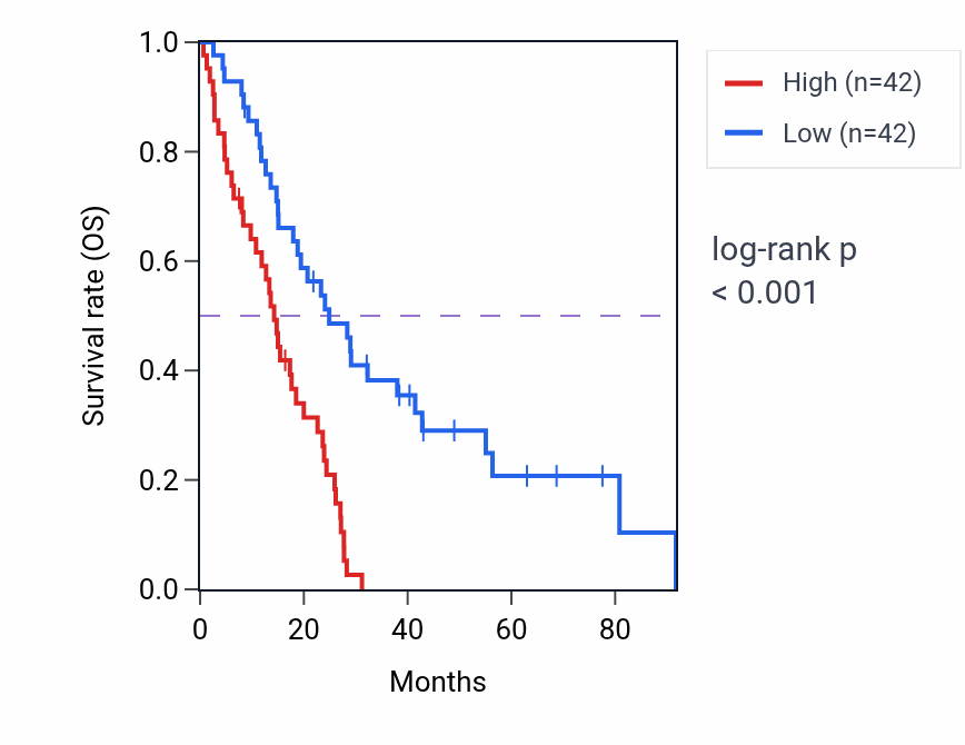 Kaplan&ndash;Meier survival curve for FAM222B RNA expression in MESO: high vs low expression groups.