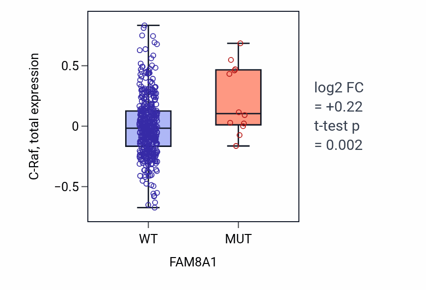 Box plot of C-Raf in FAM8A1-low vs FAM8A1-high samples in UCEC.