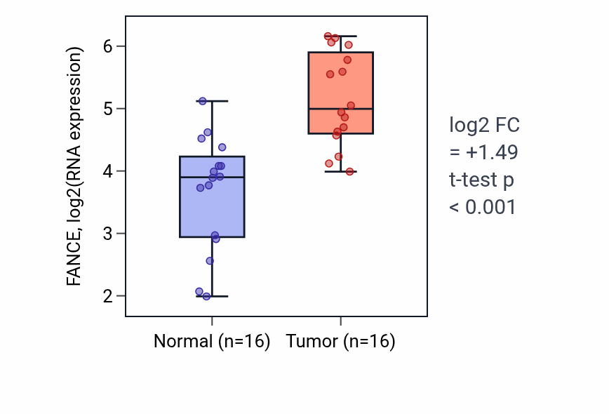 Tumor-vs-normal expression box plot for FANCE in HNSC.