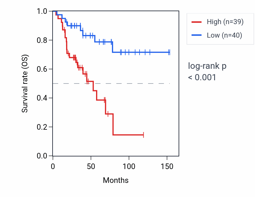 Kaplan&ndash;Meier survival curve for FANCM RNA expression in ACC: high vs low expression groups.