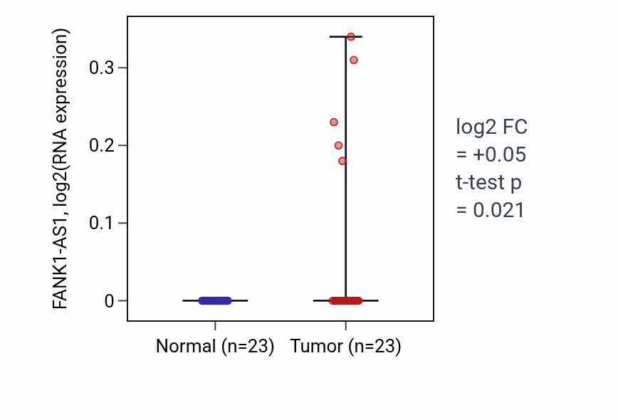 Tumor-vs-normal expression box plot for FANK1-AS1 RNA in UCEC.