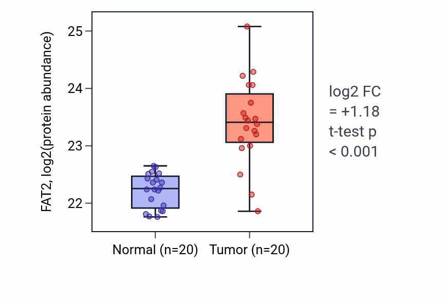 Tumor-vs-normal mass-spec protein box plot for FAT2 in LSCC.