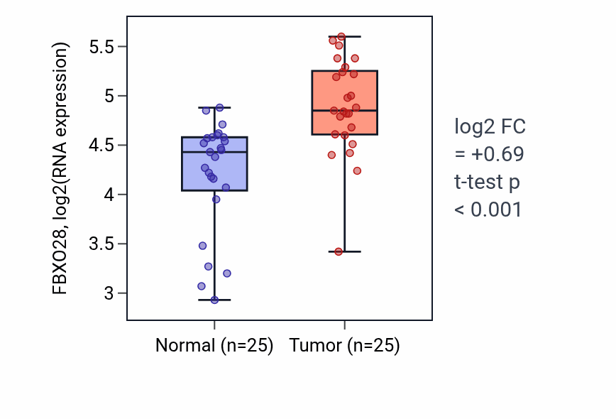 Tumor-vs-normal expression box plot for FBXO28 RNA in HNSC.