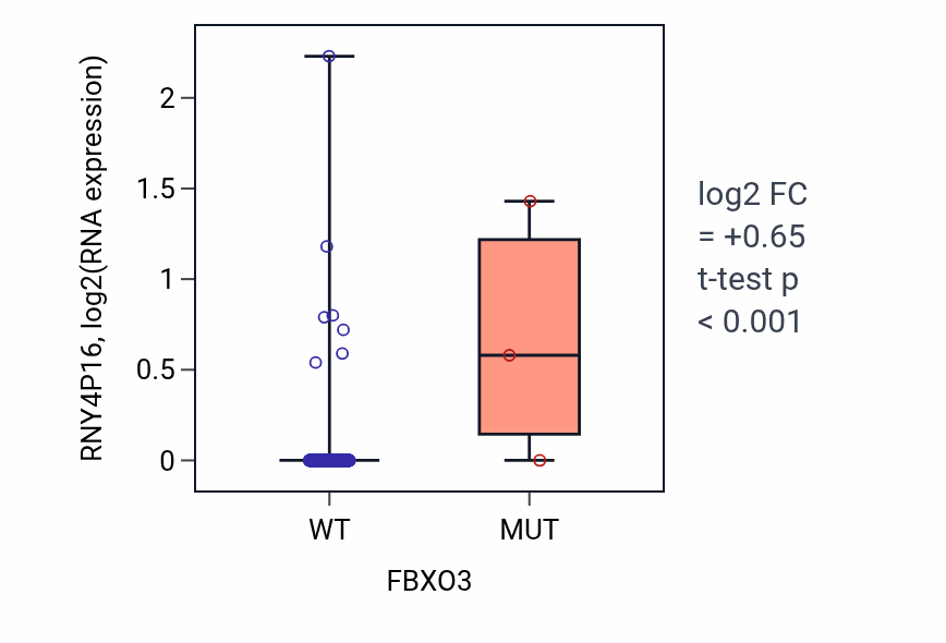 Box plot of RNY4P16 in FBXO3-low vs FBXO3-high samples in BLCA.